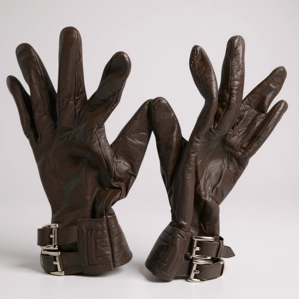 Michael Kors Moto Leather Gloves Buckles Lined Silver Hardware Small Brown Lined